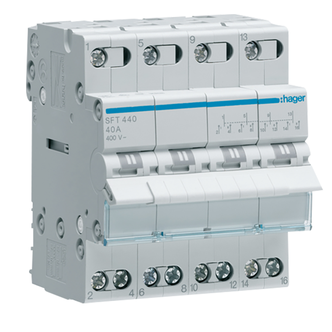 Hager Centre off changeover switch, on - off - on, 4-pole, 40A - Rubicon Installer Portal