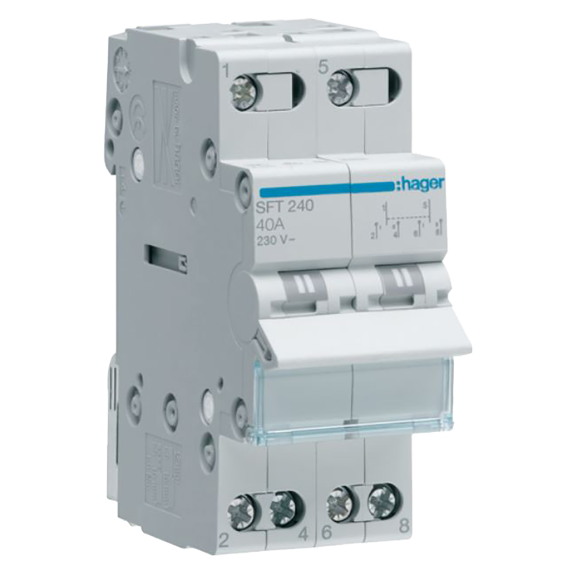 Hager Changeover switch, on-off-on, Din rail, 2-pole, 40A - Rubicon Installer Portal