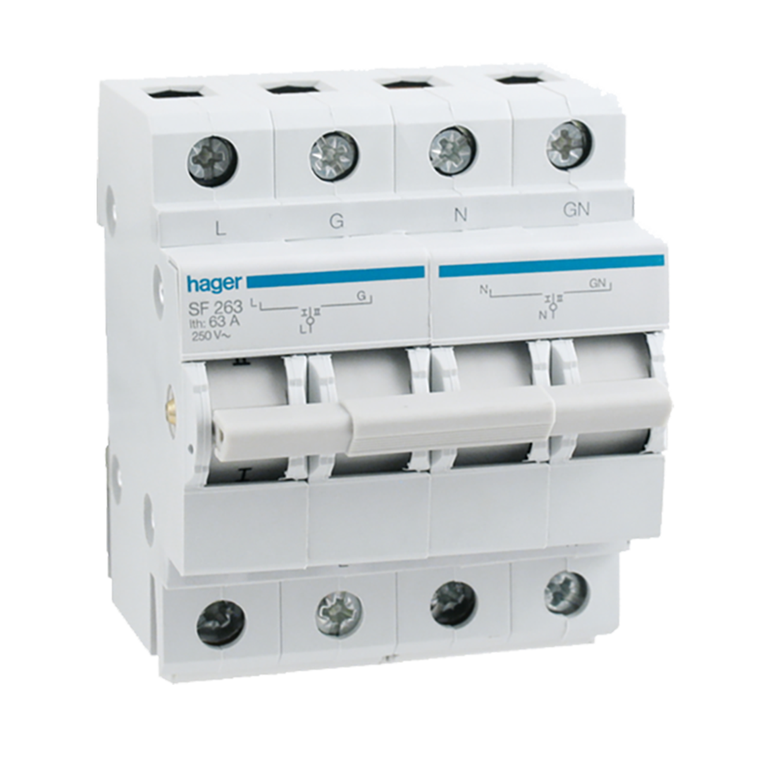 Hager Changeover switch, on-off-on, Din rail, 2-pole, 63A - Rubicon Installer Portal
