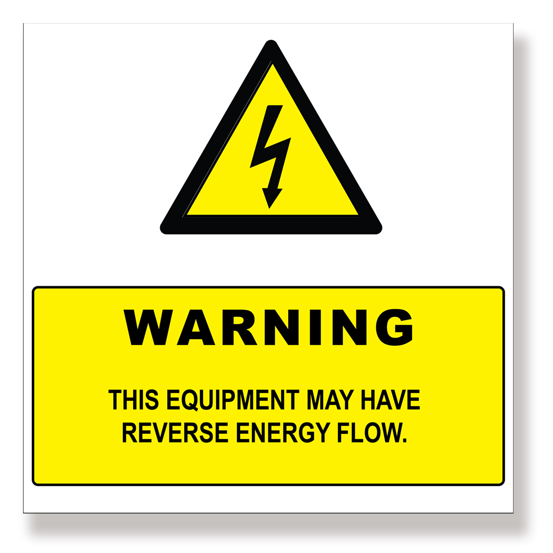 Rubicon label, Warning: Reverse energy flow, 250 x 250mm - Rubicon Installer Portal
